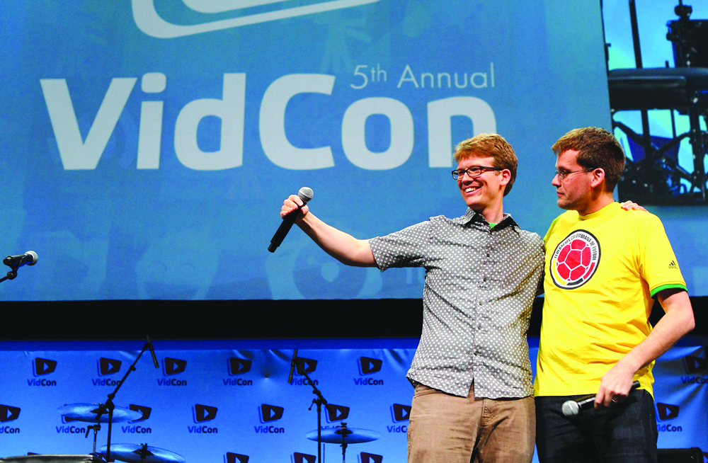 The VlogBrothers, Hank and John, host on the main stage at VidCon 2014 in Anaheim, Calif., this past June. (Photo by David Heasley)